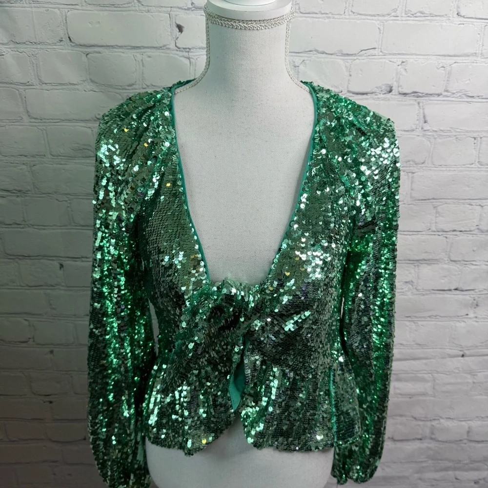 For Love & Lemons Madison Green Sequin Top Small NWT - Picture 2 of 8